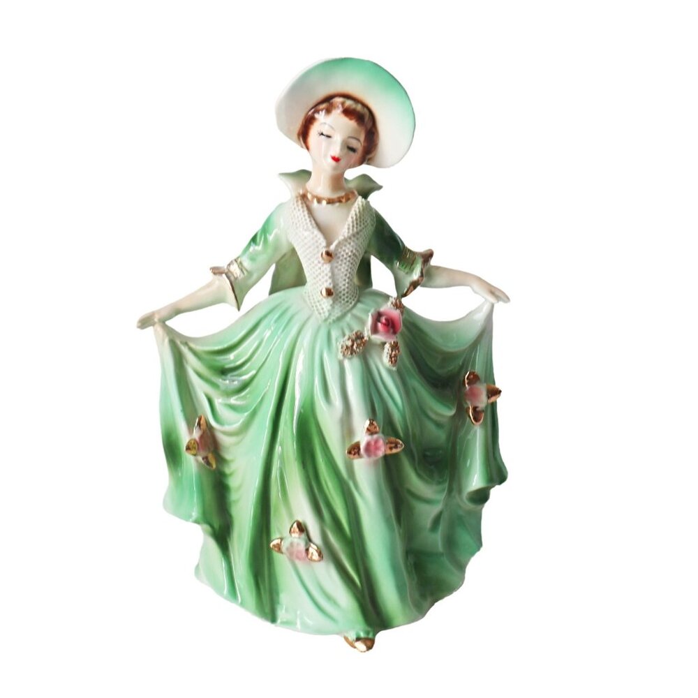 Vintage Japan Porcelain Victorian Lady Woman Green Dress Cottage Core